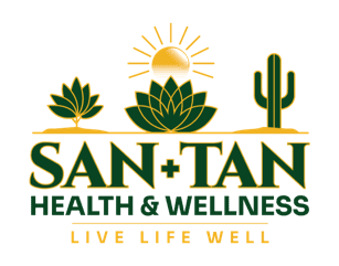 A green t-shirt with the words san tan health and wellness written in yellow.