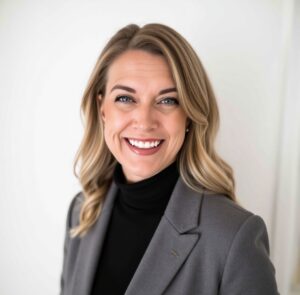 A woman in a gray jacket and black shirt