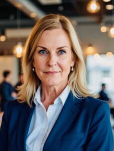 A woman in a suit and white shirt